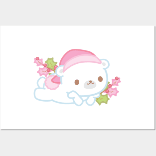 Cute Little White Polar Bear Wearing a Santa Hat Thinking About Christmas Posters and Art